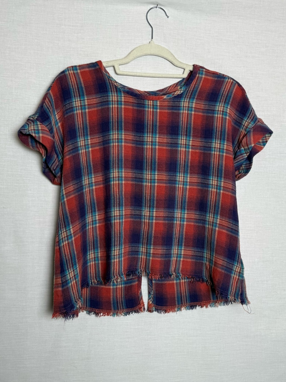 Cloth & Stone Anthropologie Womens L Plaid Rayon Top Red Blue